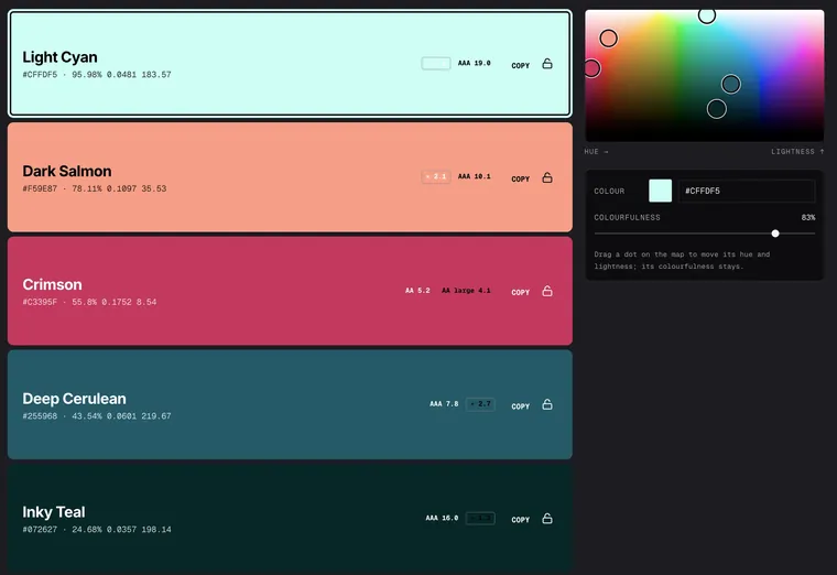 A five-colour palette, each swatch labelled with its contrast grade.
