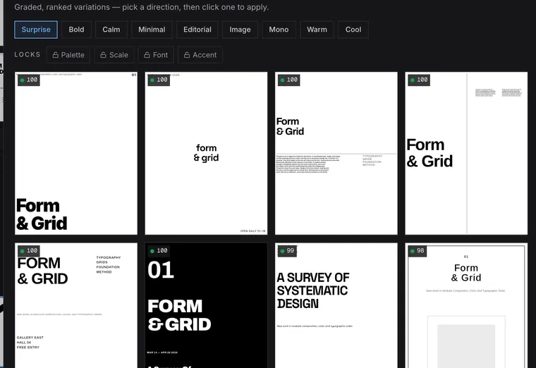 Explore: eight scored variations of the same creative, side by side.