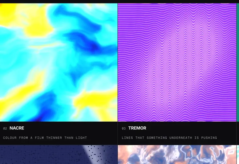 A grid of moving shader pictures from one of Gridform’s studios.