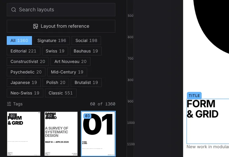 The template browser: Swiss, Bauhaus, Japanese, Brutalist and more, with creative thumbnails.