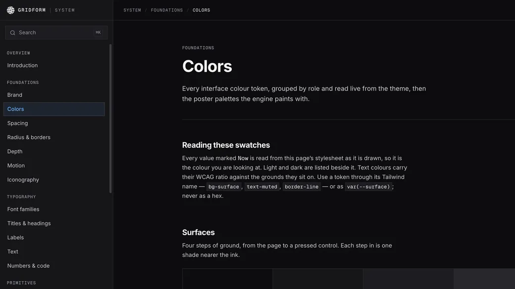 The Gridform Design System, open on its colour tokens.